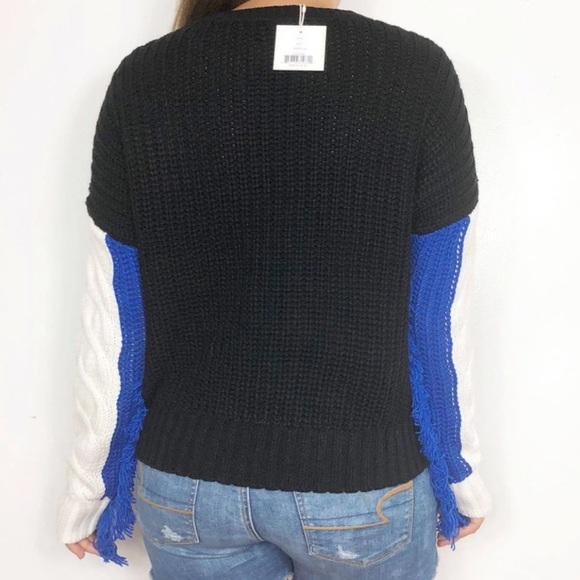 Colorblock ribbed cable knit fringe sweater weather outfit - Picture 2 of 14